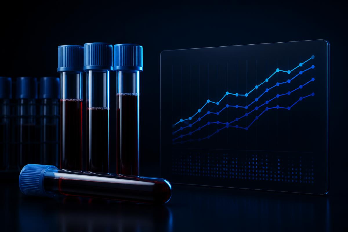 Laboratory blood sample vials beside a panel of trending health results