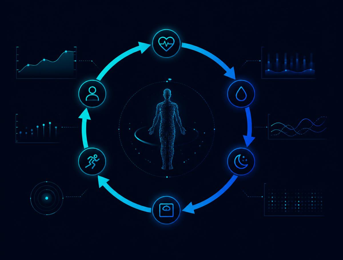 Illustration of a continuous health tracking cycle connecting measurements, trends and health categories