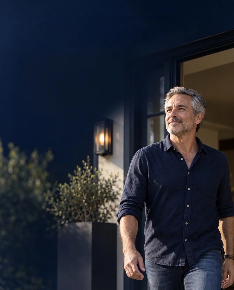 A man in his fifties standing outside his home in the evening