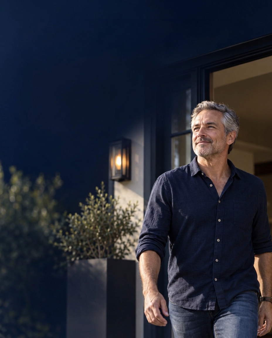A man in his fifties standing outside his home in the evening